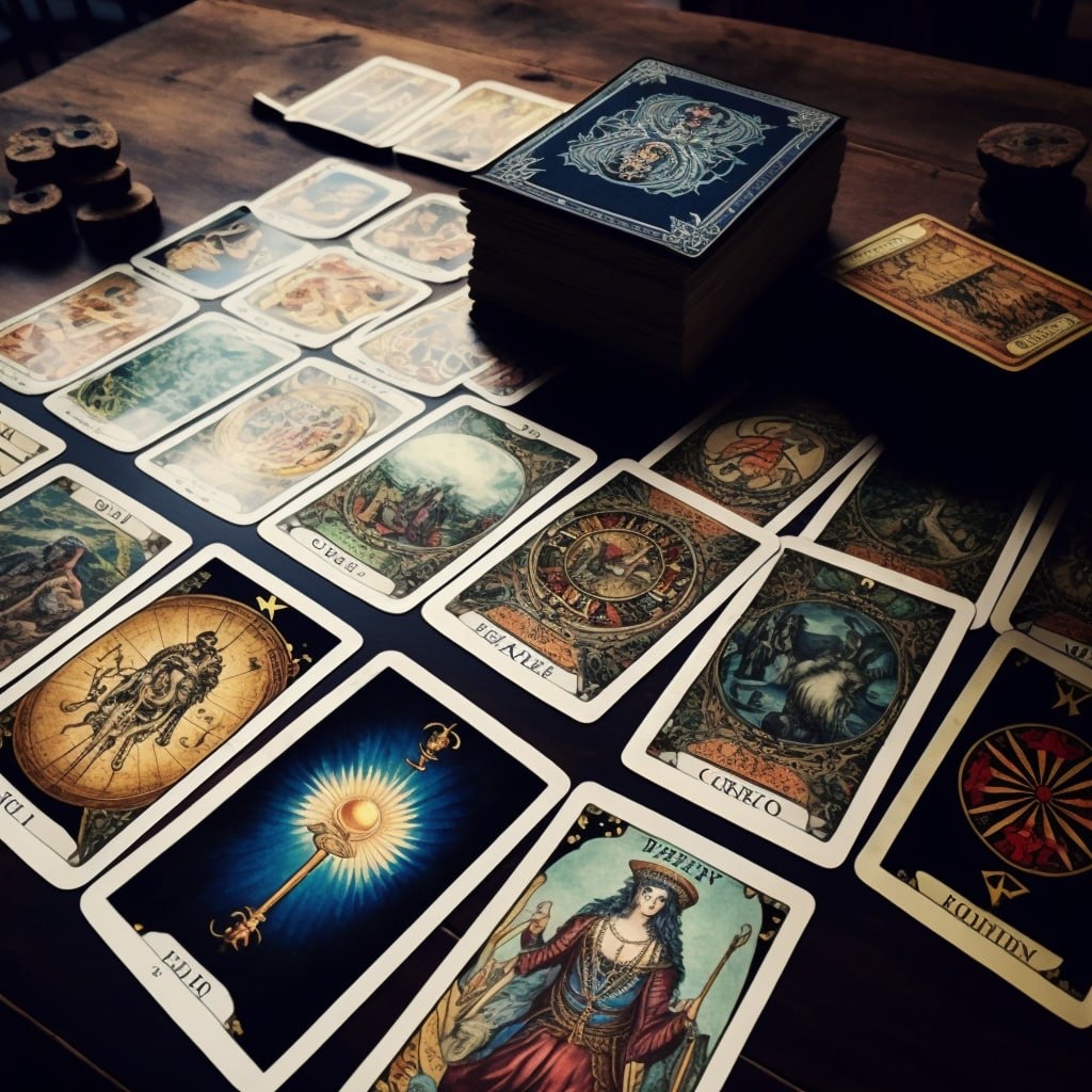 A personalized deck of of tarot cards spread out on a table